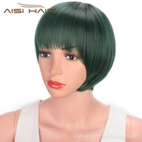 Aisi Hair Green Black Mixed Colors Short Straight Bob Wigs Synthetic Short Straight Bob Wigs For Women